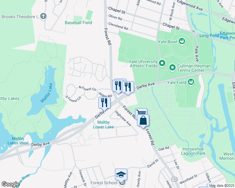 map of restaurants, bars, coffee shops, grocery stores, and more near 649 Forest Road in West Haven