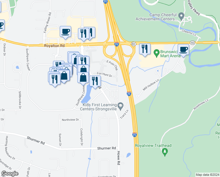 map of restaurants, bars, coffee shops, grocery stores, and more near 14802 Lenox Drive in Strongsville