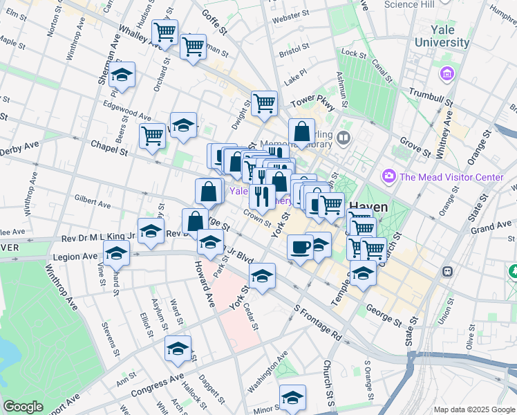 map of restaurants, bars, coffee shops, grocery stores, and more near 165 Park Street in New Haven