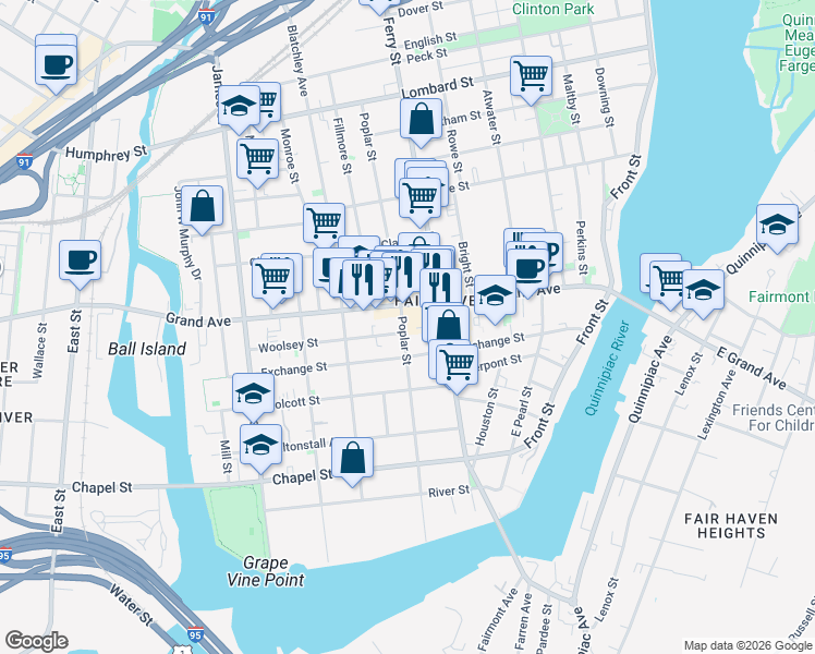 map of restaurants, bars, coffee shops, grocery stores, and more near 244 Poplar Street in New Haven