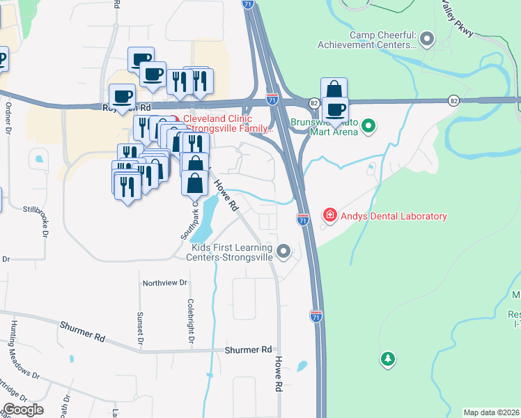 map of restaurants, bars, coffee shops, grocery stores, and more near 14910 Lenox Drive in Strongsville