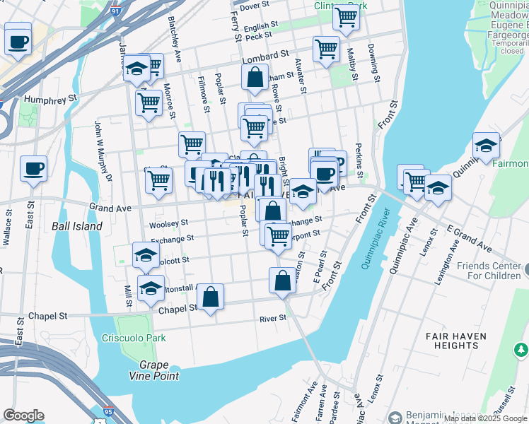 map of restaurants, bars, coffee shops, grocery stores, and more near 308 Ferry Street in New Haven