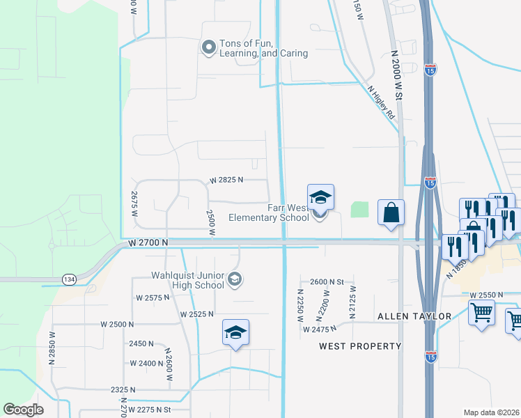 map of restaurants, bars, coffee shops, grocery stores, and more near 2373 West 2775 North in Farr West