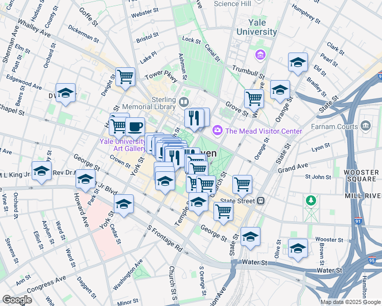 map of restaurants, bars, coffee shops, grocery stores, and more near in New Haven