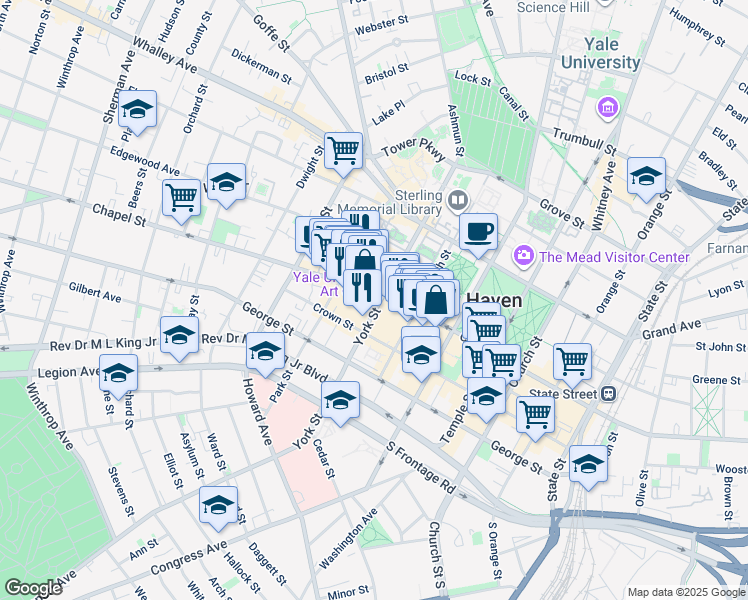 map of restaurants, bars, coffee shops, grocery stores, and more near 1145 Chapel Street in New Haven