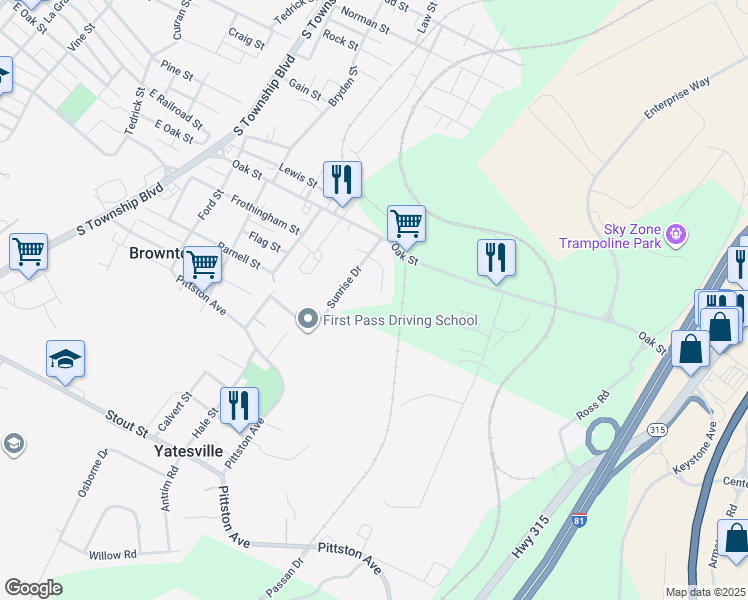 map of restaurants, bars, coffee shops, grocery stores, and more near 1122 Sunset Dr in Pittston
