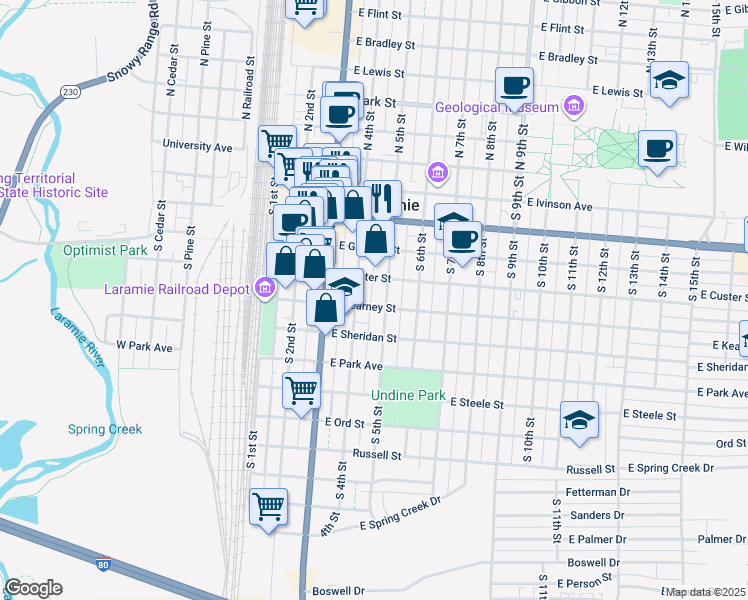 map of restaurants, bars, coffee shops, grocery stores, and more near 513 South 4th Street in Laramie