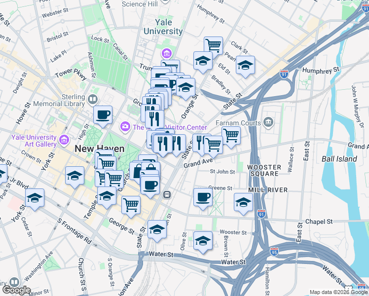map of restaurants, bars, coffee shops, grocery stores, and more near 22 Wall Street in New Haven