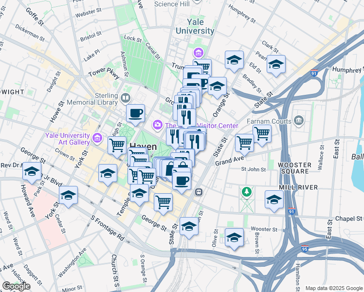 map of restaurants, bars, coffee shops, grocery stores, and more near 31 Church Street in New Haven