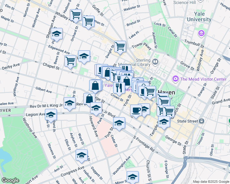 map of restaurants, bars, coffee shops, grocery stores, and more near 379 Crown Street in New Haven