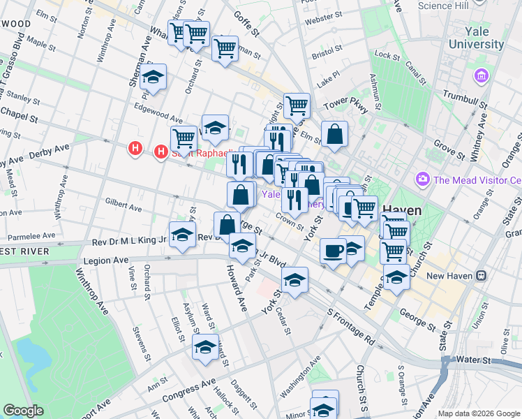 map of restaurants, bars, coffee shops, grocery stores, and more near 416 Crown Street in New Haven