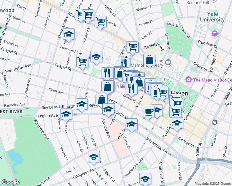 map of restaurants, bars, coffee shops, grocery stores, and more near 416 Crown Street in New Haven
