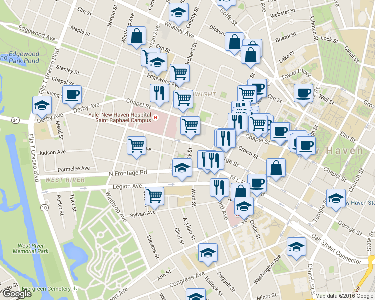 map of restaurants, bars, coffee shops, grocery stores, and more near 554 George Street in New Haven