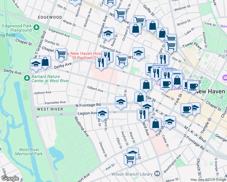 map of restaurants, bars, coffee shops, grocery stores, and more near 255 Orchard Street in New Haven