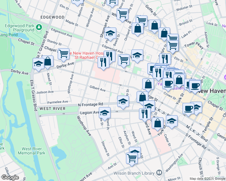 map of restaurants, bars, coffee shops, grocery stores, and more near 255 Orchard Street in New Haven