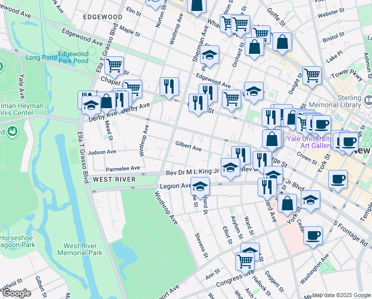 map of restaurants, bars, coffee shops, grocery stores, and more near 106 Gilbert Avenue in New Haven