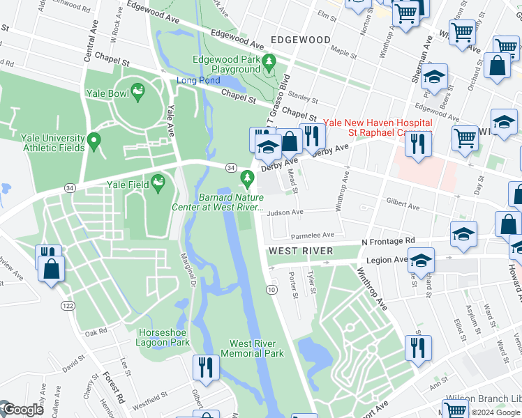 map of restaurants, bars, coffee shops, grocery stores, and more near 115 Judson Avenue in New Haven