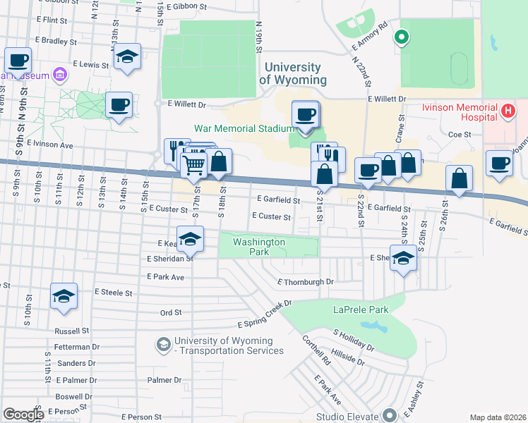 map of restaurants, bars, coffee shops, grocery stores, and more near 421 South 19th Street in Laramie