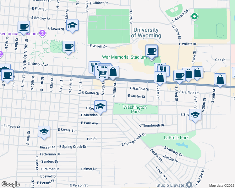 map of restaurants, bars, coffee shops, grocery stores, and more near 503 South 18th Street in Laramie
