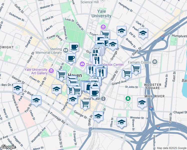 map of restaurants, bars, coffee shops, grocery stores, and more near 31 Church Street in New Haven