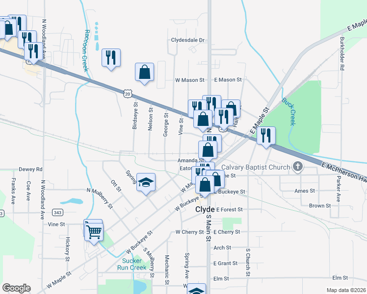 map of restaurants, bars, coffee shops, grocery stores, and more near 930 Vine Street in Clyde