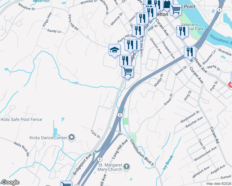 map of restaurants, bars, coffee shops, grocery stores, and more near 185 Bridgeport Avenue in Shelton
