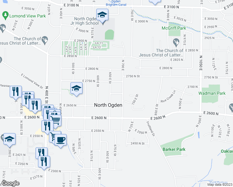 map of restaurants, bars, coffee shops, grocery stores, and more near 684 East 2700 North in Ogden