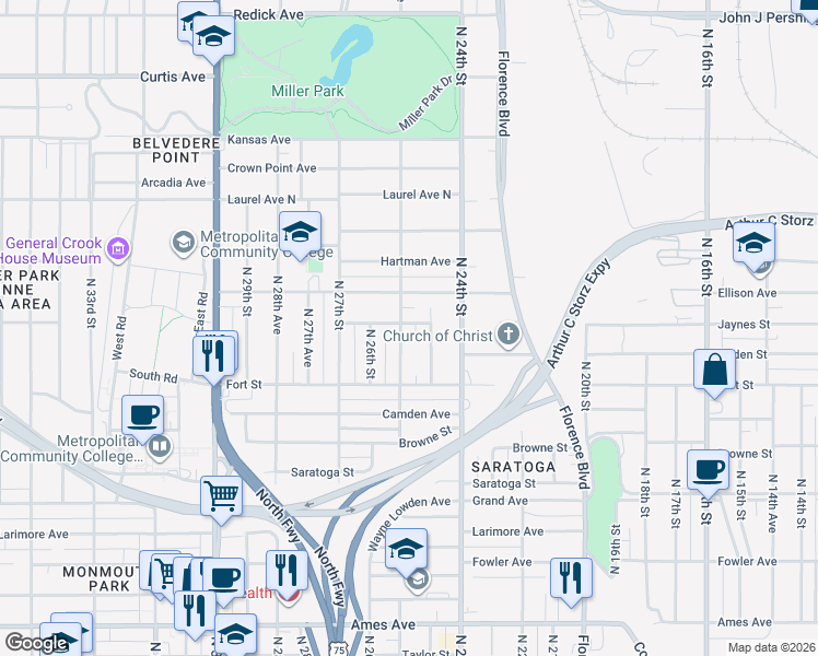 map of restaurants, bars, coffee shops, grocery stores, and more near 5347 North 25th Avenue in Omaha