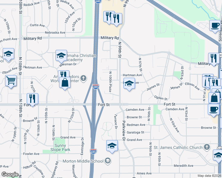 map of restaurants, bars, coffee shops, grocery stores, and more near 10026 Ogden Plaza in Omaha