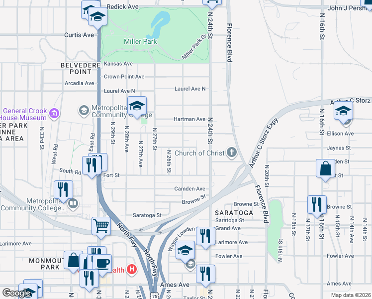 map of restaurants, bars, coffee shops, grocery stores, and more near 5347 North 25th Avenue in Omaha