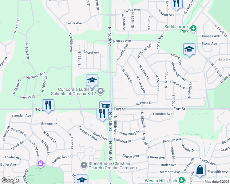 map of restaurants, bars, coffee shops, grocery stores, and more near 5419 North 155th Avenue in Omaha