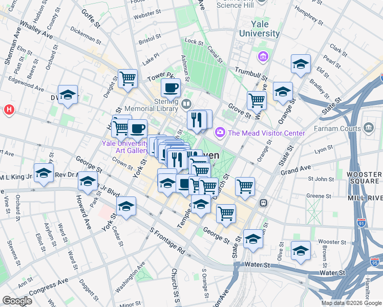 map of restaurants, bars, coffee shops, grocery stores, and more near 344 College Street in New Haven