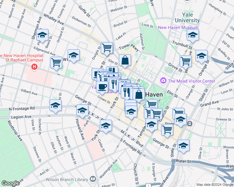 map of restaurants, bars, coffee shops, grocery stores, and more near 1145 Chapel Street in New Haven