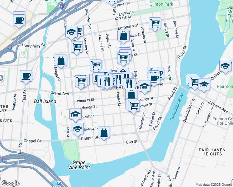 map of restaurants, bars, coffee shops, grocery stores, and more near 244 Poplar Street in New Haven