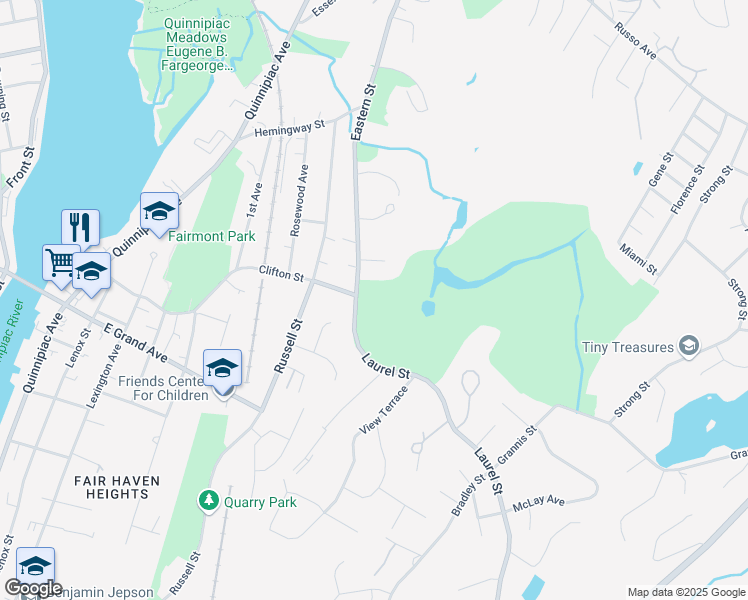 map of restaurants, bars, coffee shops, grocery stores, and more near 35 Eastern Street in New Haven