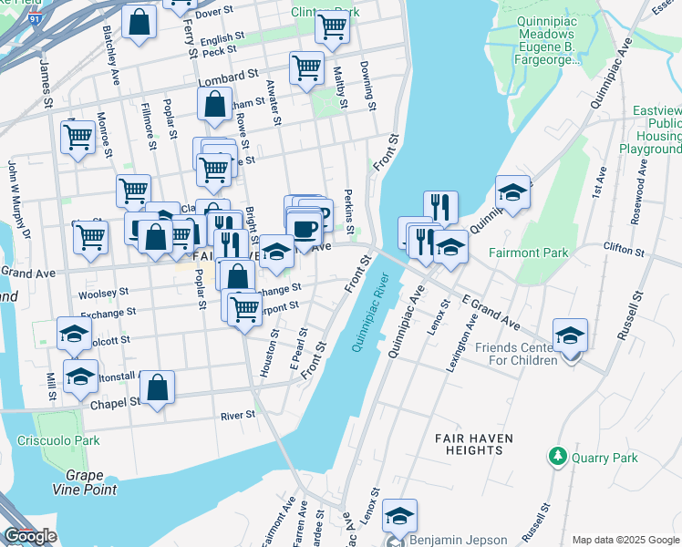 map of restaurants, bars, coffee shops, grocery stores, and more near 57 Exchange Street in New Haven