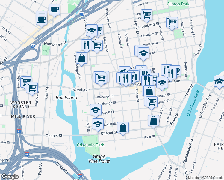 map of restaurants, bars, coffee shops, grocery stores, and more near 324 Grand Avenue in New Haven