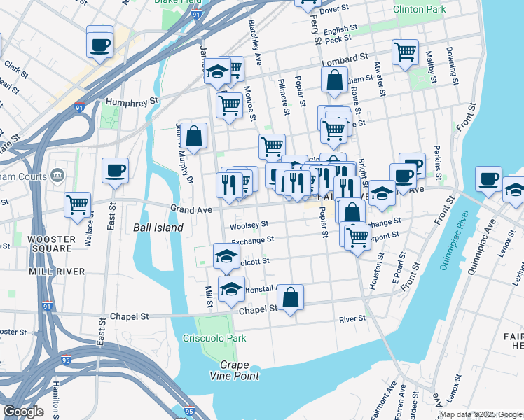 map of restaurants, bars, coffee shops, grocery stores, and more near 324 Grand Avenue in New Haven