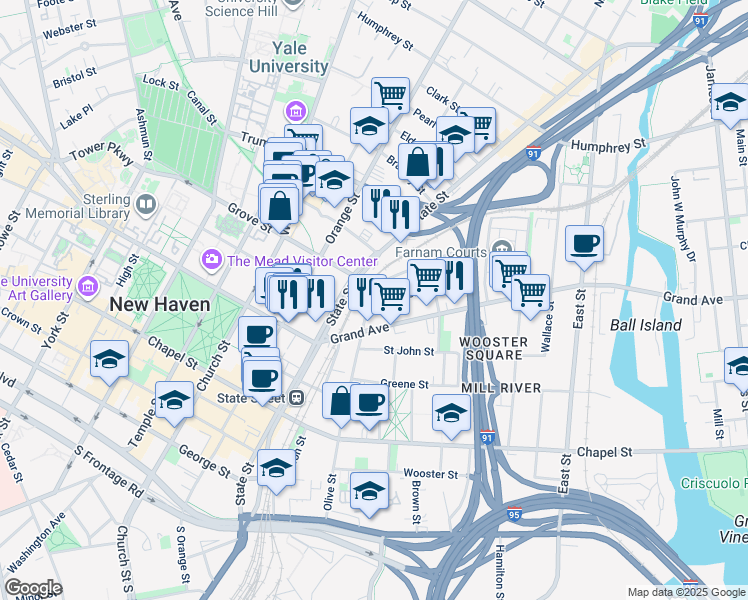 map of restaurants, bars, coffee shops, grocery stores, and more near 83 Lyon Street in New Haven