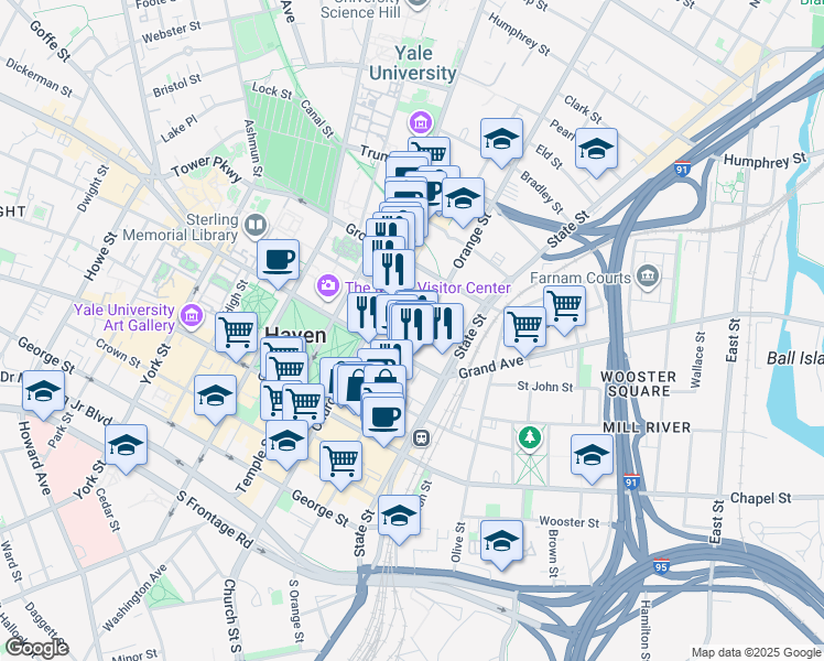 map of restaurants, bars, coffee shops, grocery stores, and more near 280 Orange Street in New Haven
