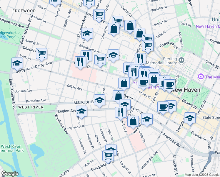 map of restaurants, bars, coffee shops, grocery stores, and more near 518 George Street in New Haven