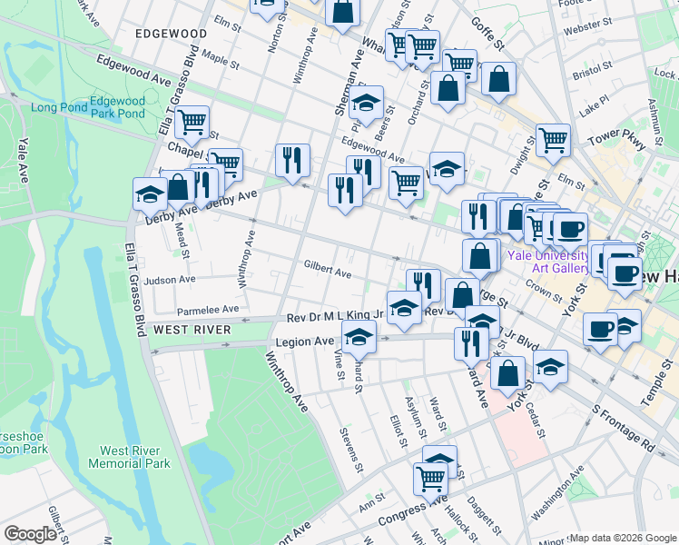 map of restaurants, bars, coffee shops, grocery stores, and more near 65 Gilbert Avenue in New Haven