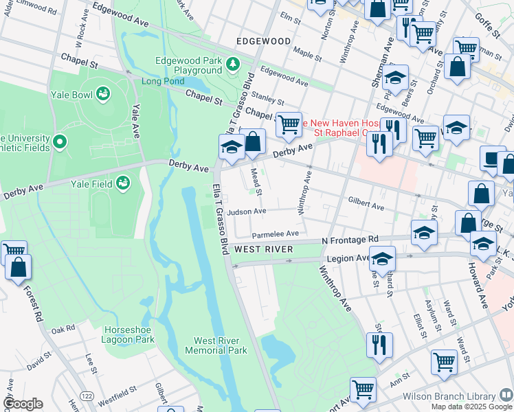 map of restaurants, bars, coffee shops, grocery stores, and more near 75 Judson Avenue in New Haven