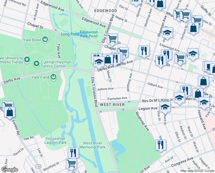 map of restaurants, bars, coffee shops, grocery stores, and more near 75 Judson Avenue in New Haven