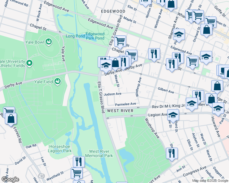 map of restaurants, bars, coffee shops, grocery stores, and more near 75 Judson Avenue in New Haven