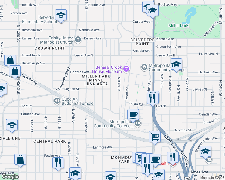 map of restaurants, bars, coffee shops, grocery stores, and more near 5361 North 33rd Avenue in Omaha