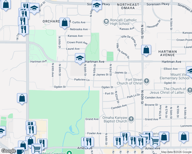 map of restaurants, bars, coffee shops, grocery stores, and more near 6417 Jaynes Street in Omaha