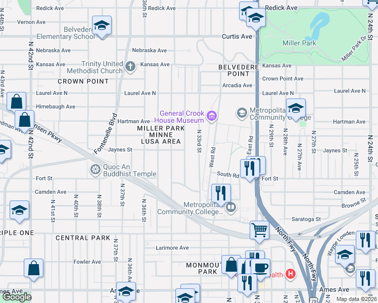 map of restaurants, bars, coffee shops, grocery stores, and more near 5361 North 33rd Avenue in Omaha
