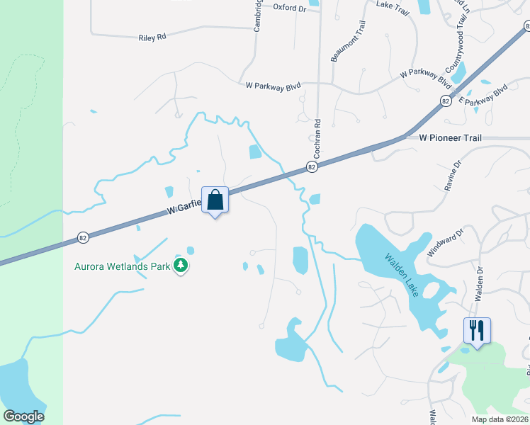 map of restaurants, bars, coffee shops, grocery stores, and more near 120 Lakeland Way in Aurora