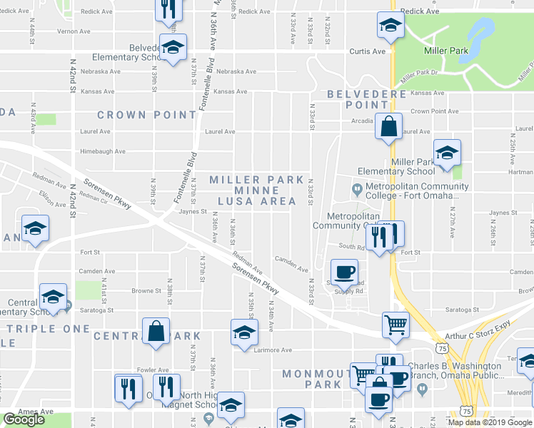 map of restaurants, bars, coffee shops, grocery stores, and more near 5356 North 34th Street in Omaha